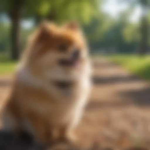 A Pomeranian wearing a training collar in a park setting