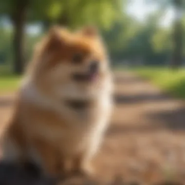 Pomeranian Training Collar Outdoors A Pomeranian wearing a training collar in a park setting