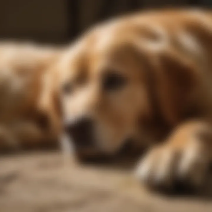 A Golden Retriever lying down calmly next to a relaxed owner.