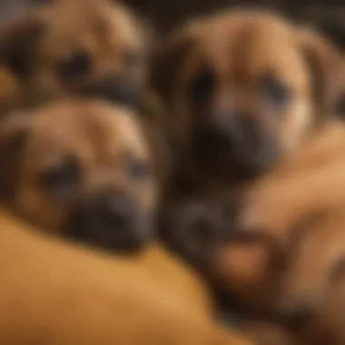 Black Mouth Cur puppies snuggling together in a cozy environment