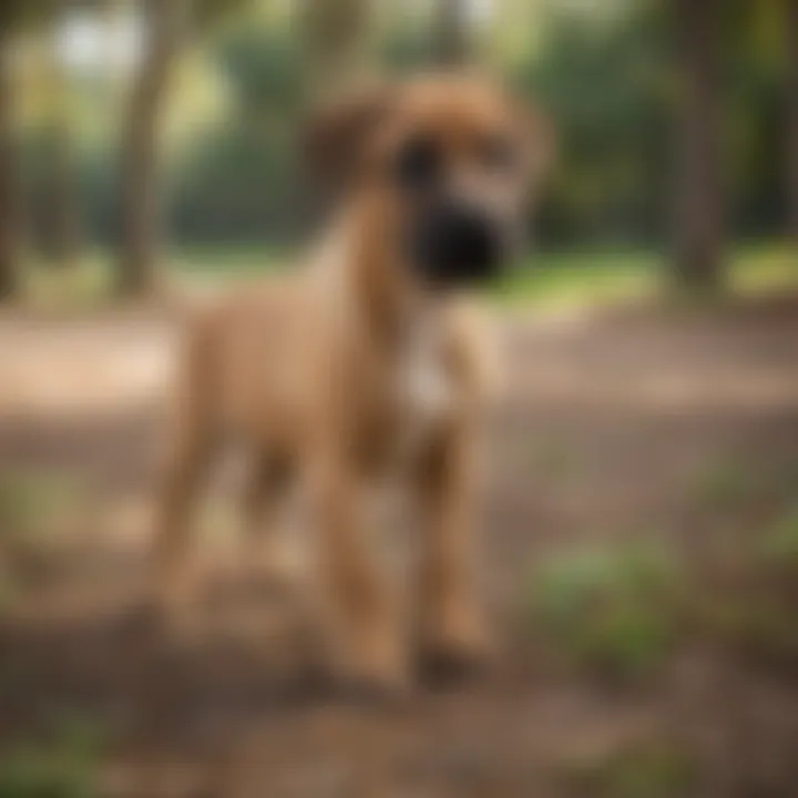 A Black Mouth Cur puppy receiving training in a lush Florida park