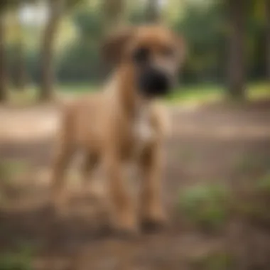 Training Black Mouth Cur Puppy in a Florida Park A Black Mouth Cur puppy receiving training in a lush Florida park
