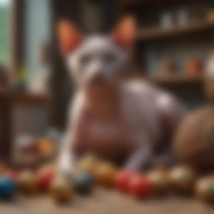 A hairless cat enjoying a cozy environment with toys