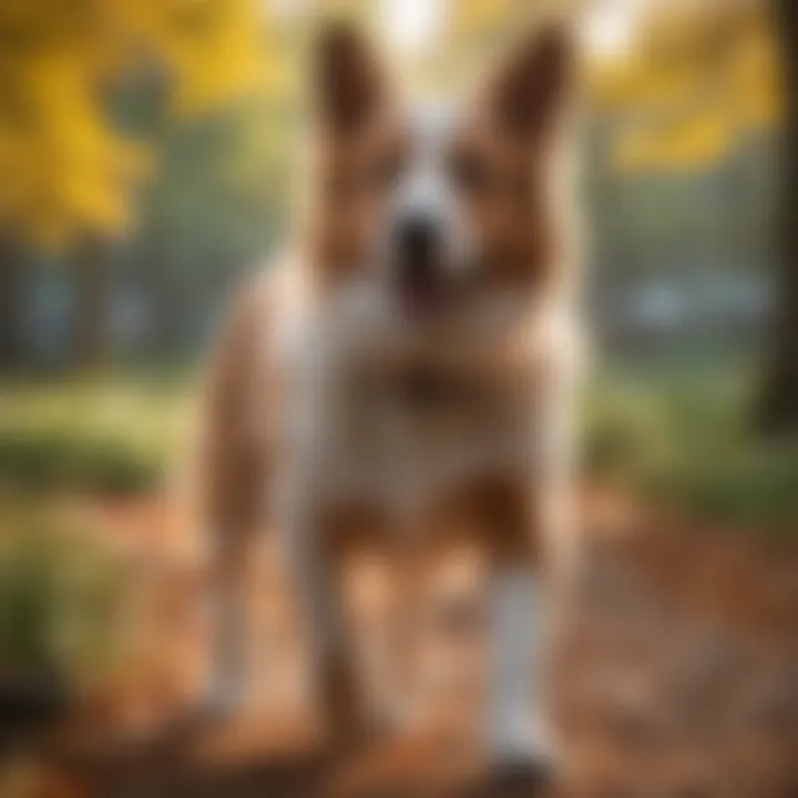 A healthy female dog playing in a vibrant park setting