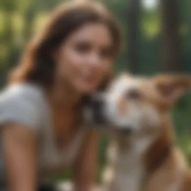 An owner training a female dog with positive reinforcement techniques