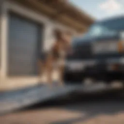 A dog comfortably ascending a car ramp by the side door