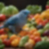 A vibrant assortment of fresh vegetables and fruits suitable for parrotlets