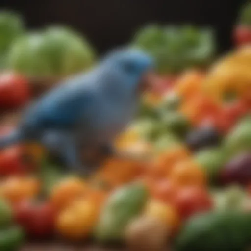 A vibrant assortment of fresh vegetables and fruits suitable for parrotlets