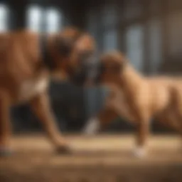 A playful Boxer puppy engaging with its owner during a training session