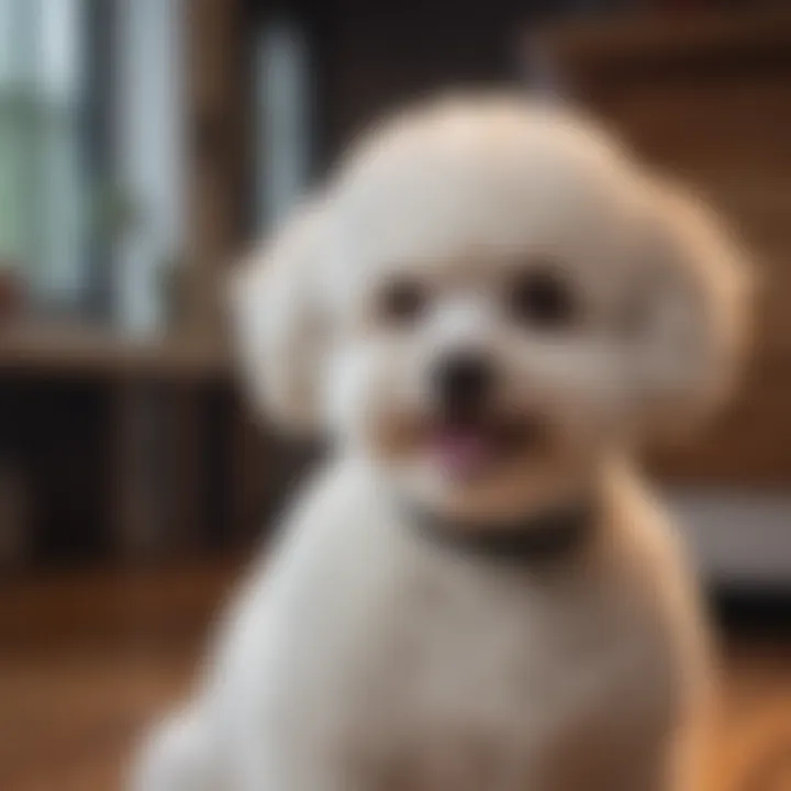 Bichon Poodle mastering an advanced skill in a home environment