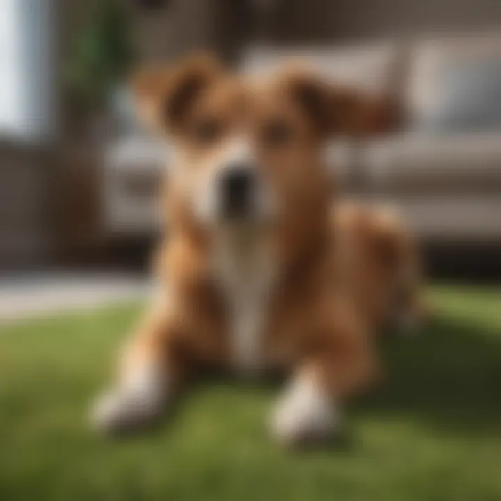 A dog comfortably resting on a grass pad in a living room setting.