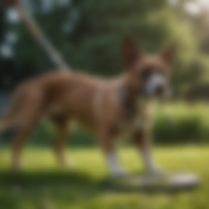 A dog owner cleaning a grass pad with specialized maintenance tools.