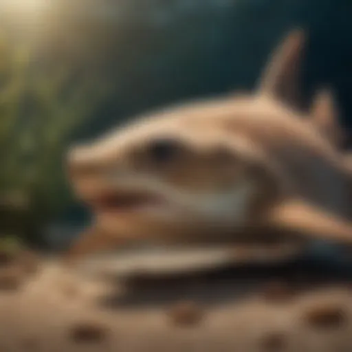 A close-up of an angel shark resting on the ocean floor.