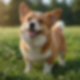 A majestic corgi in a lush green field, showcasing its playful demeanor.