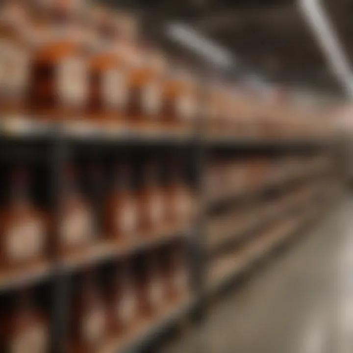 A display of Costco's whiskey aisle, featuring Redbreast prominently among other brands.