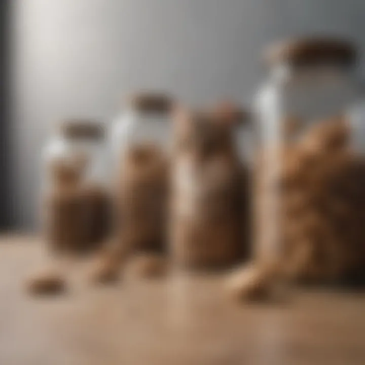 An assortment of cat treats stored in decorative jars