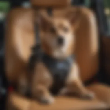 Close-up of dog secured in a booster seat with harness