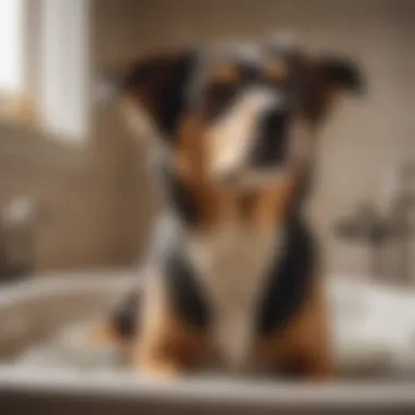 A dog enjoying a bath with detangling shampoo applied