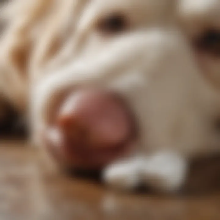 A close-up of an aspirin tablet on a dog's paw