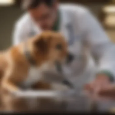 Veterinarian examining a dog with a prescription pad