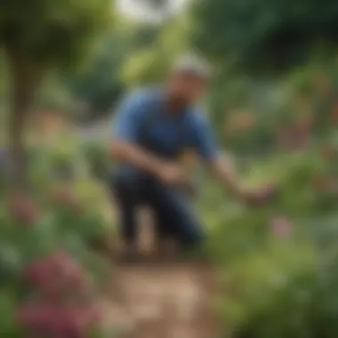 A gardener tending to a lush garden that contains both annuals and perennials.