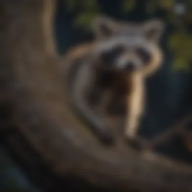 A raccoon climbing a tree under moonlight, showcasing its nocturnal nature.