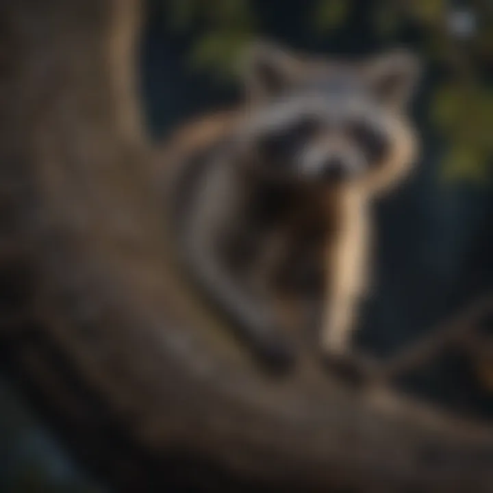 A raccoon climbing a tree under moonlight, showcasing its nocturnal nature.