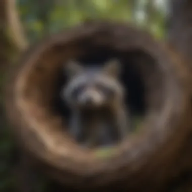 A cozy raccoon nest nestled in the hollow of a tree.