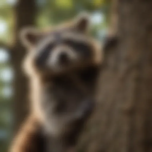 A raccoon perched on a tree branch, observing its surroundings.