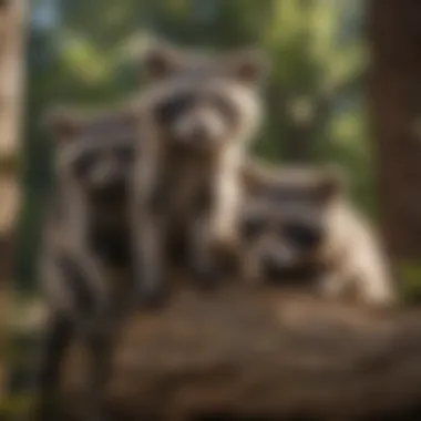 Playful Raccoons on a Tree Trunk A group of raccoons interacting playfully on a tree trunk.
