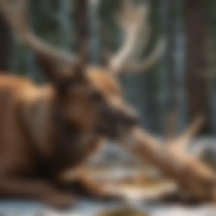 A dog happily chewing on an elk antler.