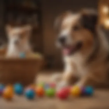 Engagement and Fun: Dogs Enjoying Their Toys Dog happily playing with a toy from a large basket