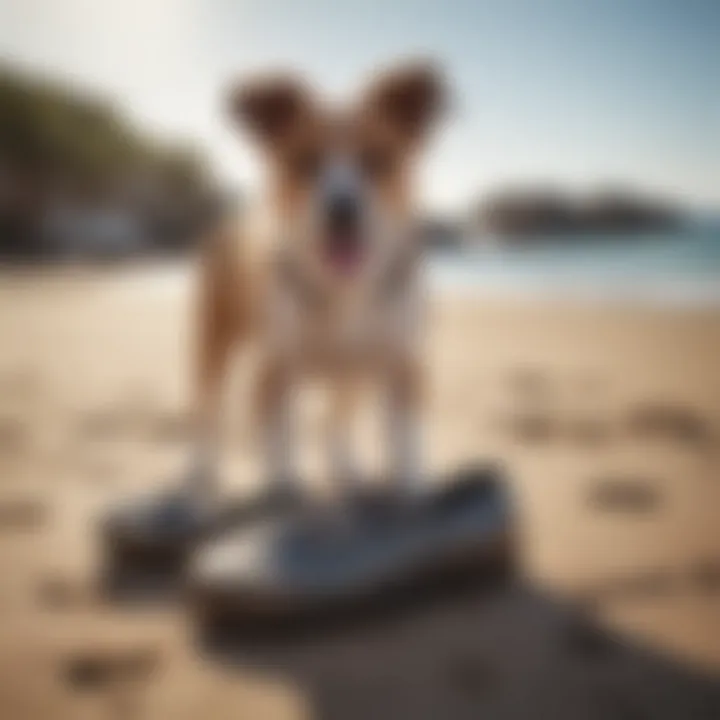 Dog exploring the beach in comfortable footwear