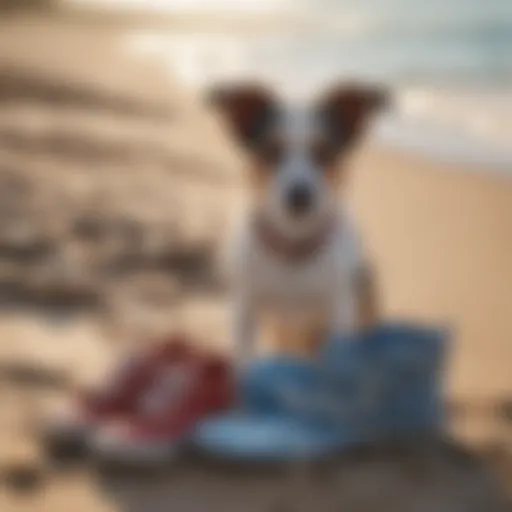 Dog wearing stylish beach shoes on sandy shore