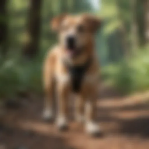 Large dog wearing protective shoes on a hiking trail