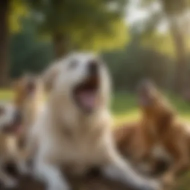 A dog yawning in a park during a social interaction, highlighting social triggers.