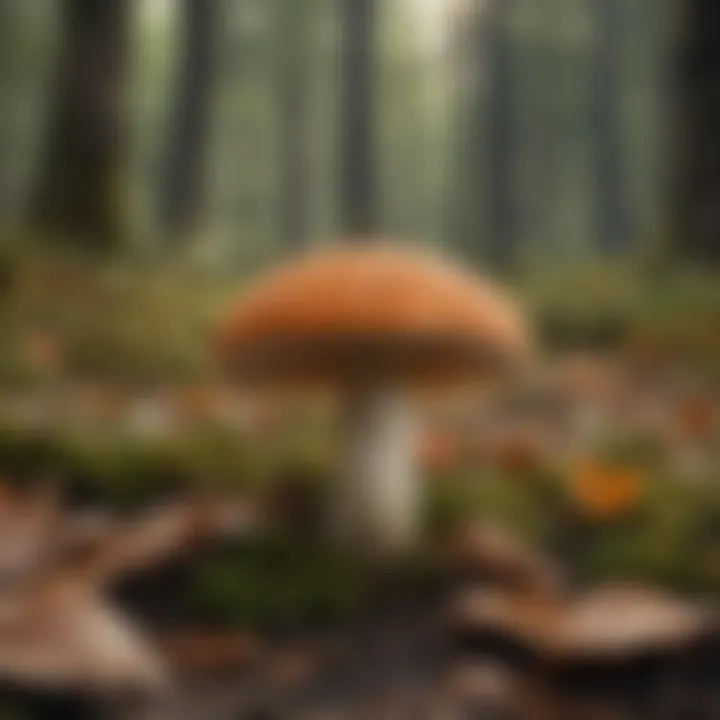 A vibrant edible mushroom among fallen leaves and forest debris