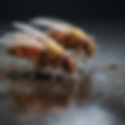 Close-up of fruit flies near a drain