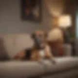 A dog sitting calmly beside a couch, showcasing good behavior.