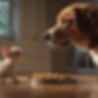 A pet owner rewarding a dog with a treat after obeying.