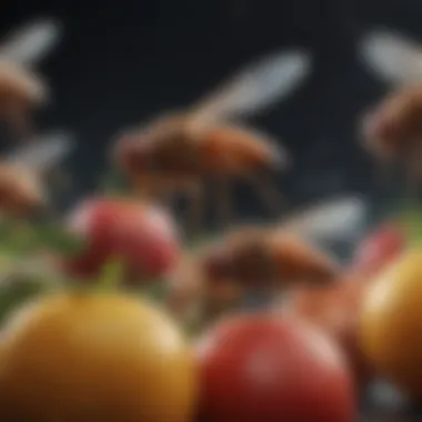 Close-up of fruit flies hovering around ripe fruit