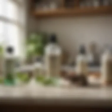 A variety of natural repellents, such as peppermint oil and vinegar, displayed in a kitchen setting.