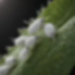 Close-up view of whiteflies on a leaf
