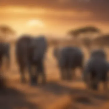 A herd of African elephants roaming freely in a savannah under a setting sun.