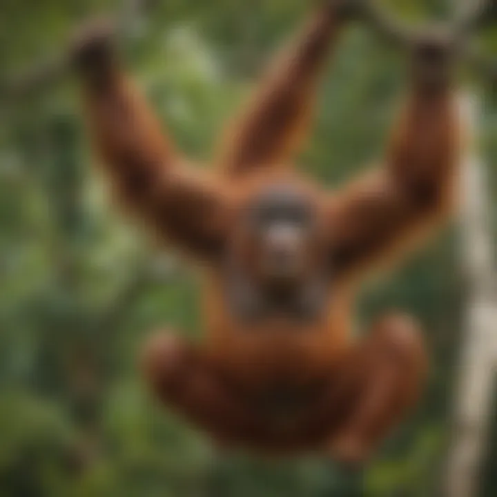 A close-up of a critically endangered Sumatran orangutan swinging through the treetops.