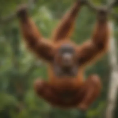 Critically Endangered Sumatran Orangutan in the Wild A close-up of a critically endangered Sumatran orangutan swinging through the treetops.