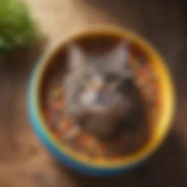 A colorful bowl filled with dry cat food that entices cats.