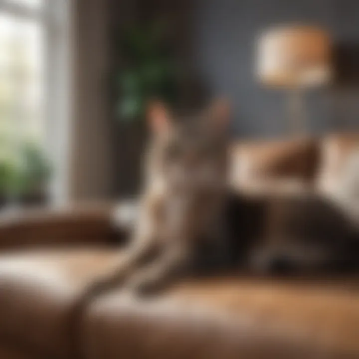 A cozy living room with a cat lounging on a plush sofa