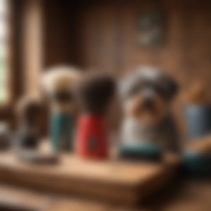 A variety of dog shed brushes displayed on a wooden table