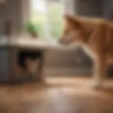 A curious dog inspecting a litter box filled with cat litter.